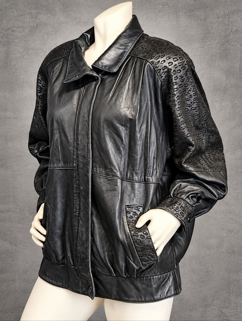 Vintage 90s Black Leather Jacket Tonal Leopard Animal Print Padded Shoulders M